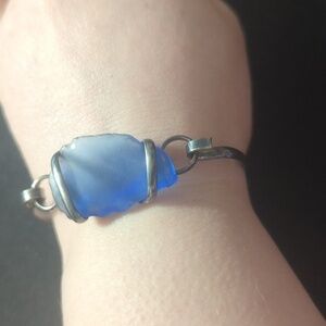 Gunmetal Black Blue Sea Glass Bangle Statement Bracelet